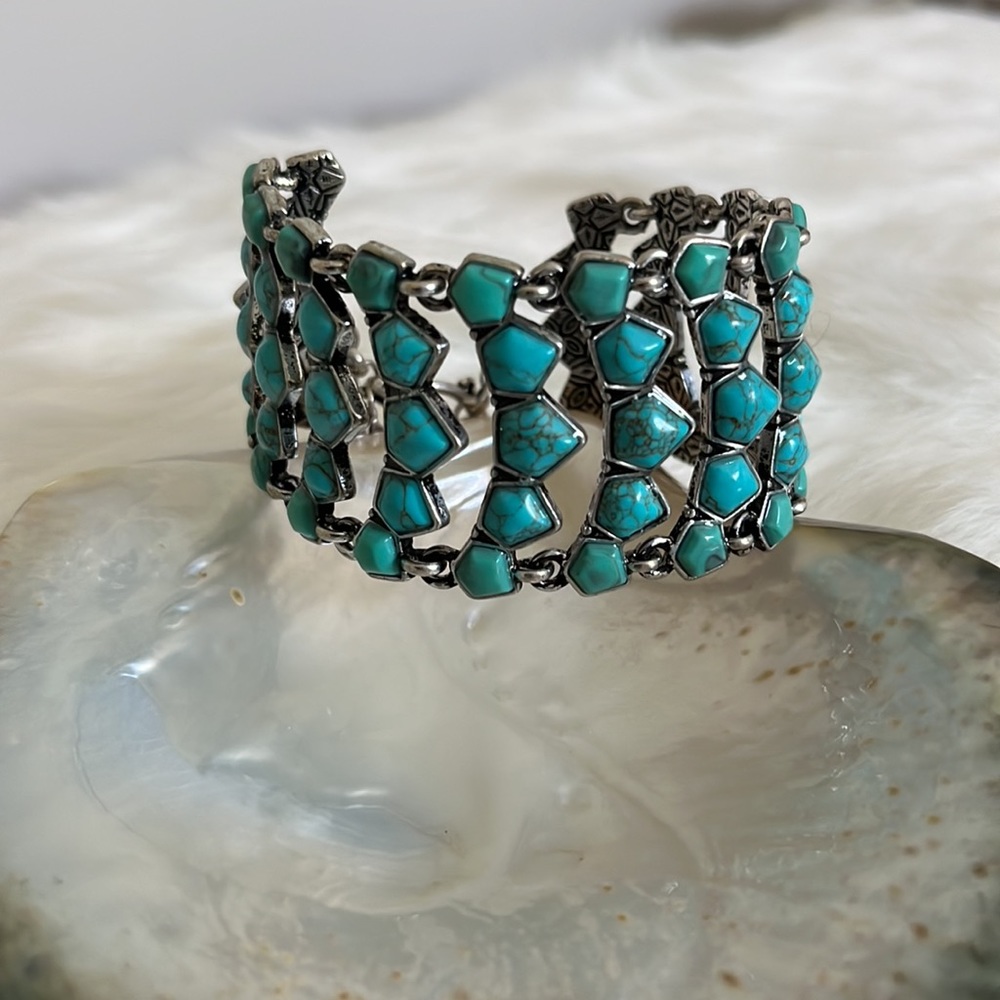 Lucky Brand turquoise and silver wide multitiered Cuff chain bracelet